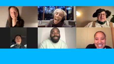 Screenshot of a video call with six people laughing and smiling against various backgrounds, arranged in a 2x3 grid.