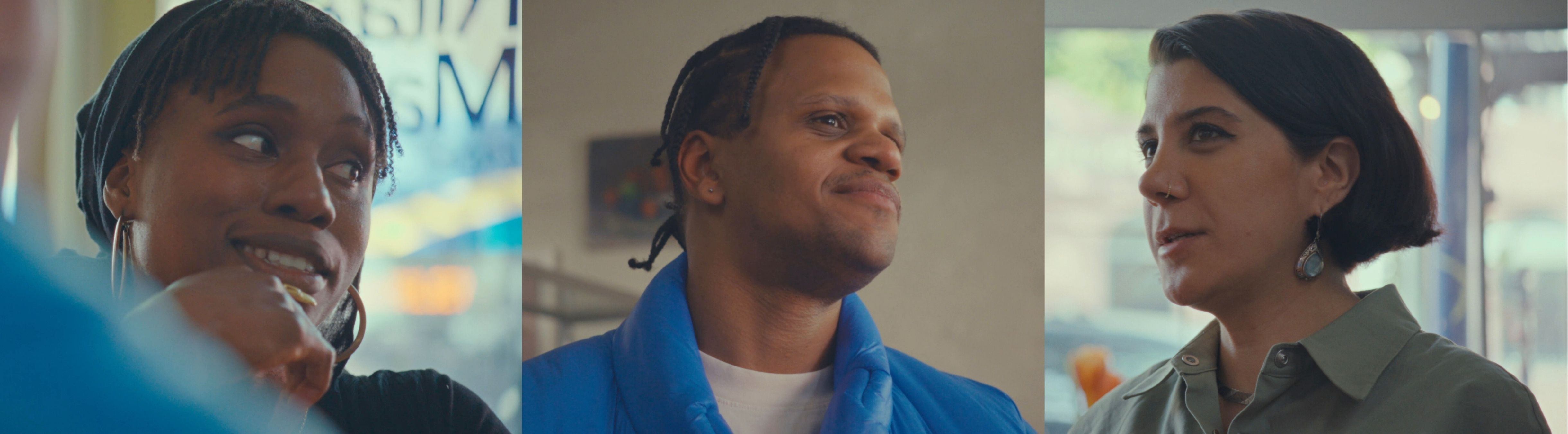 Three people are having a conversation indoors, shown in a split-screen format; each person is looking at someone off camera.