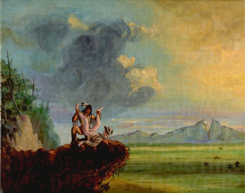 Two men on a rocky cliff, with a vast landscape and mountains in the background under a cloudy sky. One of the men lays on his back wearing just a hat and unbuttoned shirt, an Indigenous man crouches above holding up his bare legs.