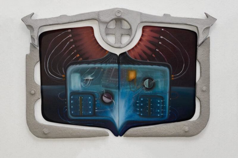 Artwork mounted on a white wall depicting abstract circuitry patterns, with a sculptural metallic-like frame.