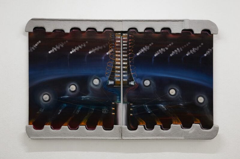 An abstract artwork featuring a symmetrical design with a central vertical element, surrounded by circular shapes and lines, against a dark background.