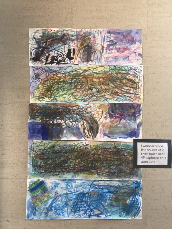 A group of art pieces on a wall, featuring colorful scribbly lines and watercolor washes.