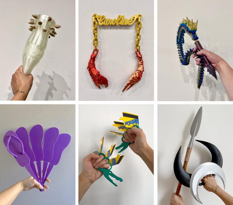 Six frames showing hands each holding unusual 3D printed itmes, including a spiked club, clawed chain, dragon figure, purple fans, green dinosaur claws, and a double-bladed spear, against a plain wall.