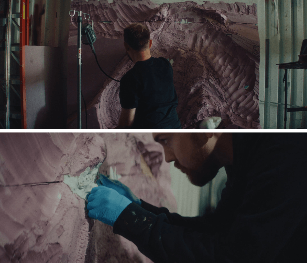 Two images on top of each other, showing two different angles of Trey Abdella sculpting a large, textured pink surface using his hands to sculpts and tools. He is wearing black clothes and blue gloves in an indoor workshop.