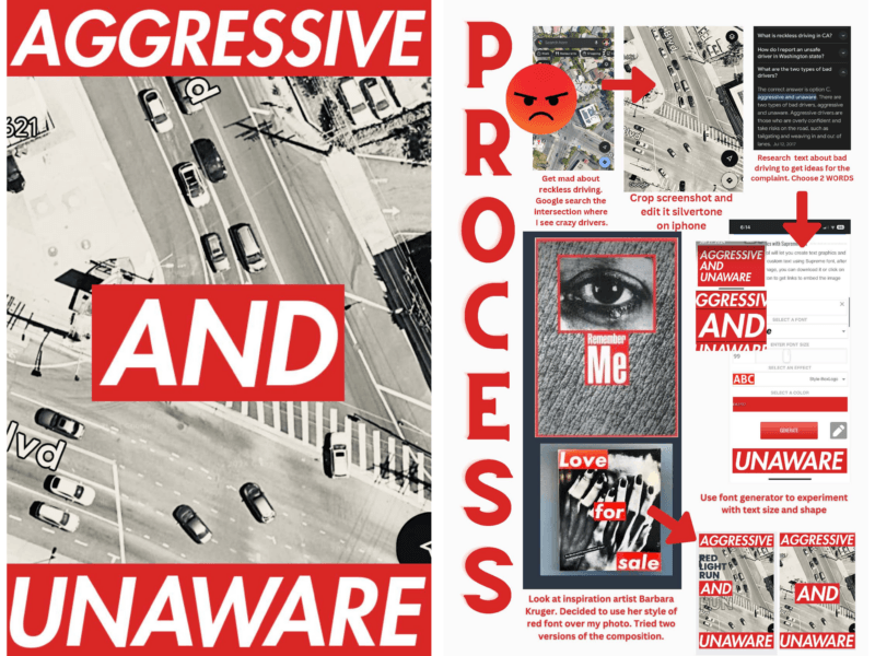 A poster on the left with white text over red blocks that reads, "AGGRESIVE AND UNAWARE." The poster on the right shows process for how to develop the final poster. 