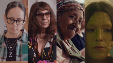 Four women are shown in a split-screen portrait, each facing forward with different expressions and backgrounds.