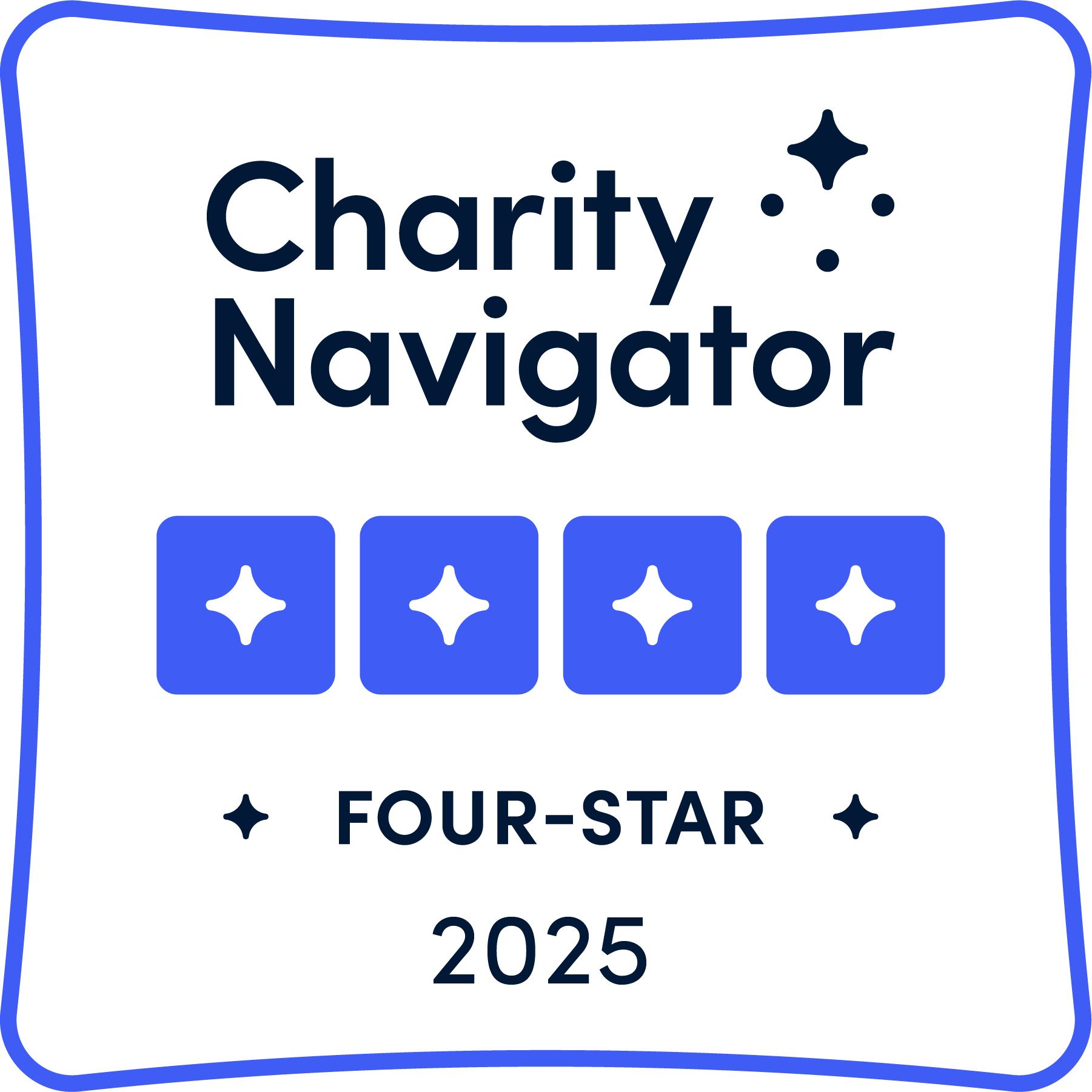 Charity Navigator badge showing a four-star rating with four blue stars and the text Four-Star 2025.