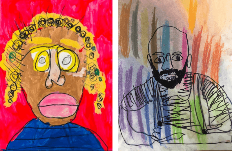 Two childlike portraits: one of a person with yellow curly hair and glasses on a red background, and one of a bald person with a beard on a multicolored background.