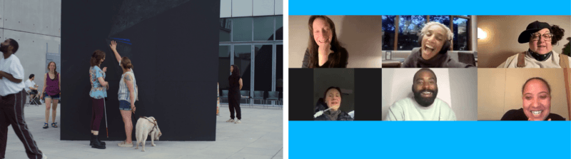 Two Images side by side. Left: People explore a large black wall on an outdoor pavilion; two women stand in front of the wall, one touches it while holding a guide dog, the other uses a white cane. Two other people are nearby, one looking up at the wall. Right: Screenshot of a video call with six people laughing and smiling against various backgrounds, arranged in a 2x3 grid.